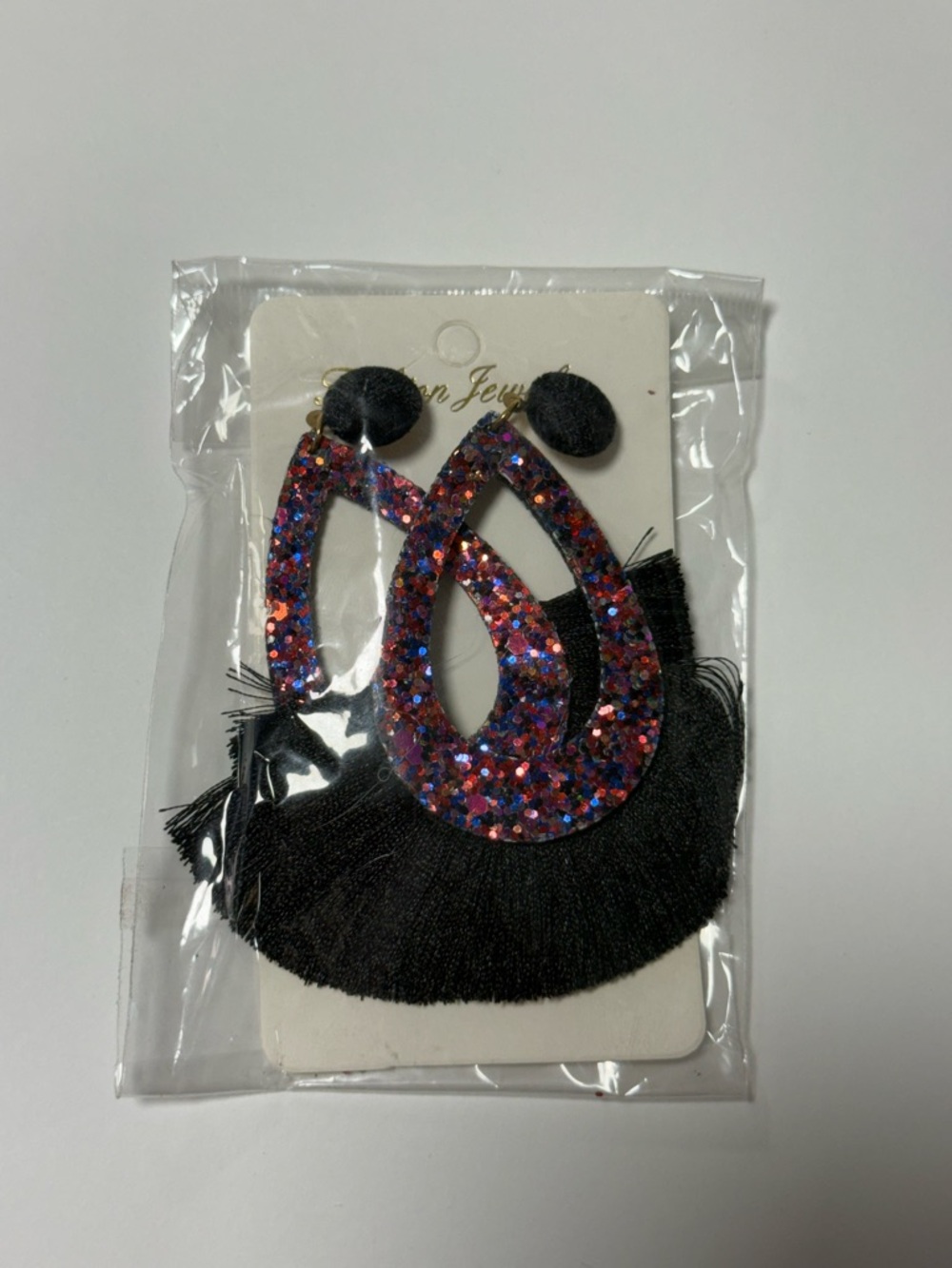 Sparkle Teardrop Fringe Earrings - Black and Multicolor Glitter